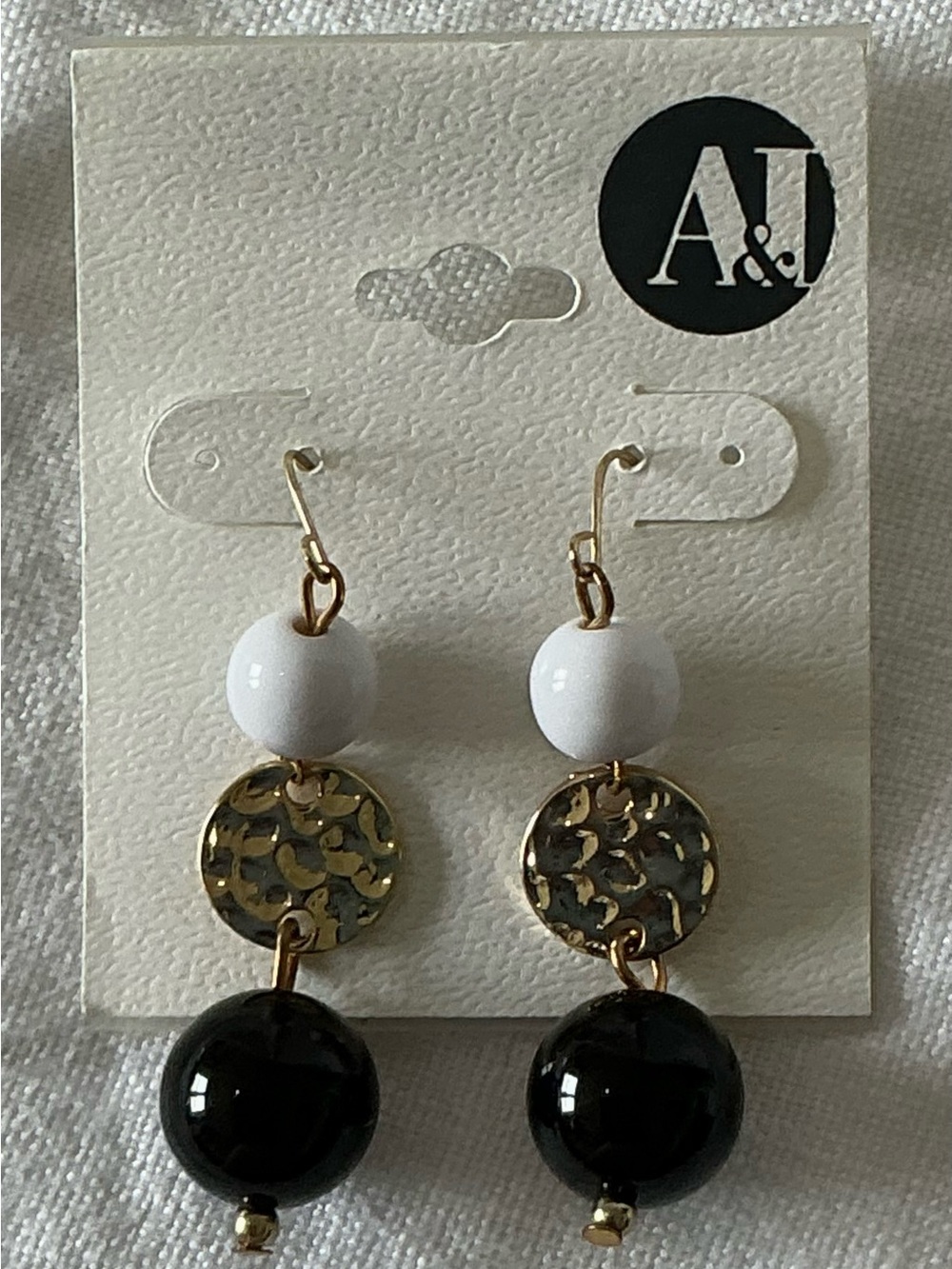 New A&I Black and White Drop Earrings with Gold Discs